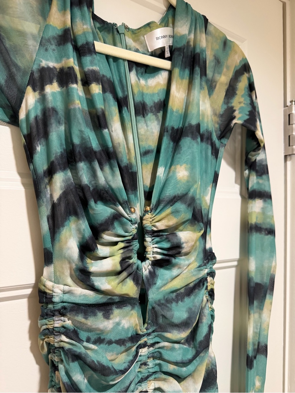 Ronny Kobo Ruched Maxi Dress in Teal Green Tie-Dye